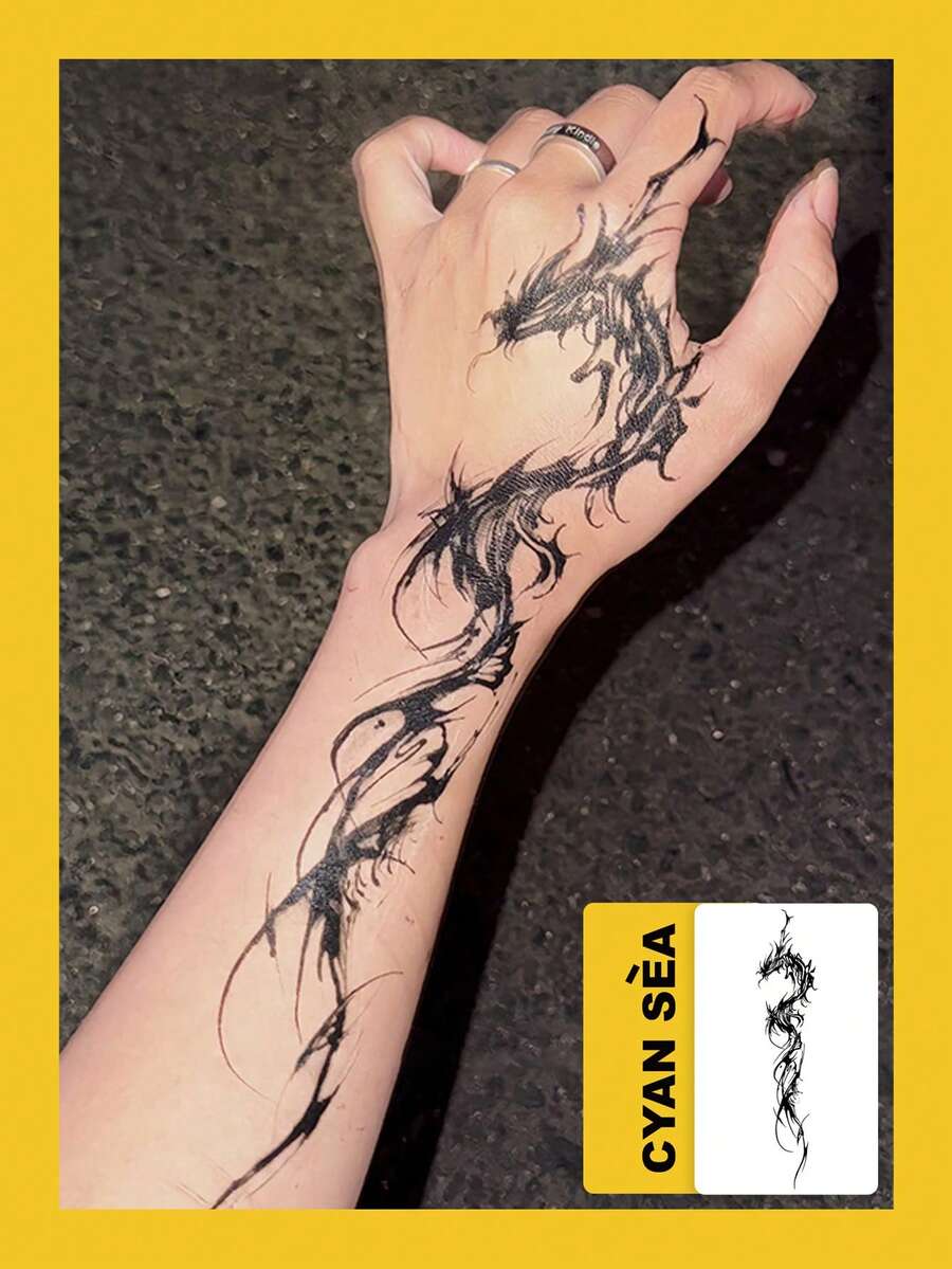 1pc Temporary Tattoo Sticker, Dark Line Dragon Totem Pattern, Realistic Fake Tattoo Design For Daily Wear, Bachelorette Party Favors, Music Festival, Cosplay, Graduation Gift, Lasts 3-5 Days