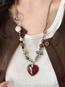 1pc Fashion Bohemian Natural Style Heart Pendant Necklace Geometric Beaded Necklace Metal Resin Multicolor Pendant Necklace, Suitable For Women's Daily Wear, Party, Holiday, Daily Gift, Jewelry Gift - Multicolor - View 6