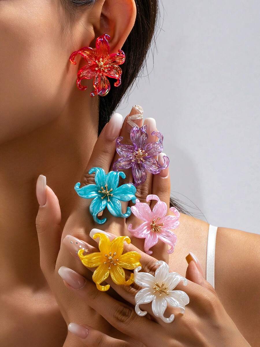 1 Pasang/6 Pasang Anting Tusuk Bunga Lili Warna-warni, Tersedia Berbagai Warna, Desain Bunga 3D yang Menonjol, Anting-anting yang Menawan untuk Perjalanan dan Fotografi - Anting-anting bunga - View 1
