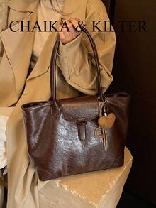 1 buah Tas Tote Bahu Minimalis Persegi dari Kain PU, Cocok untuk Bepergian, Berbelanja, dll. (Dengan Liontin) - Kopi - View 13