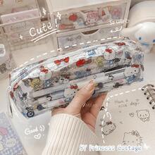 Hasbro Hello Kitty 印花拉鍊筆袋，可愛卡通貓熊蘋果圖案筆袋，透明內裡順滑拉鍊，大容量圓筒筆袋可收納筆、橡皮擦、尺，便攜收納袋，理想禮物 - A - 查看 11
