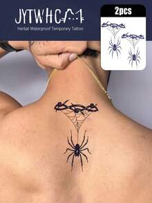 2Pcs Herbal Waterproof Temporary Transfer Tattoo,Dark Halloween Gothic Style, Spider & Cobweb Pattern, Delicate Line Details, Long Lasting Fake Tattoo Stickers, Body Art Decals For Women, Suitable For Neck, Back, Arm, Party & Daily Decoration - Dark Grey - View 3