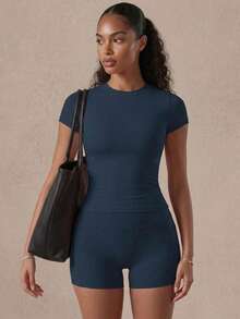 2pcs Badge Blue Sports Set, Solid Color Crew Neck T-Shirt & High Waist Sports Shorts With Pockets, Athleisure Summer - Navy Blue - View 6