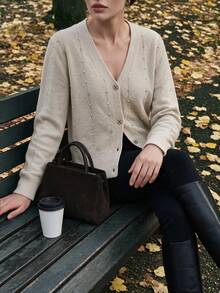 NOVELLE Women's Pearl Embellished V-Neck Knit Cardigan, Autumn Winter Exquisite Button Front Loose Versatile Commute, For Daily, Going Out And Dating - Apricot - View 4