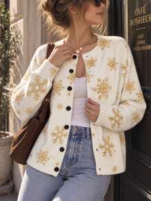 Cardigan Wanita Motif Cetak Seluruh Permukaan, Kasual, Serbaguna, untuk Pemakaian Sehari-hari - Putih - View 5