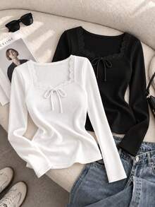 2pcs Women's Lace Trim Square Neck Long Sleeve Ribbed Knit Tops, Front Tie Slim Fit Black & White Casual Basic Shirts, Suitable For Autumn, Winter, Spring And Daily Wear - Black - View 2