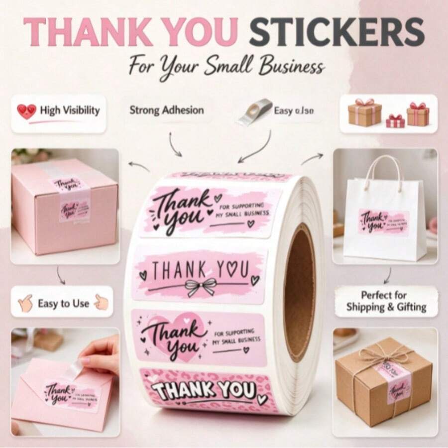 500pcs Pink Thank You For Supporting My Small Business Stickers Roll, 4 Designs Rectangle Self-Adhesive Packaging Labels, Cute Heart Bow Leopard Print Thank You Stickers For Bubble Mailers, Gift Boxes, Shop Small Business Package Decor - one-size - View 1