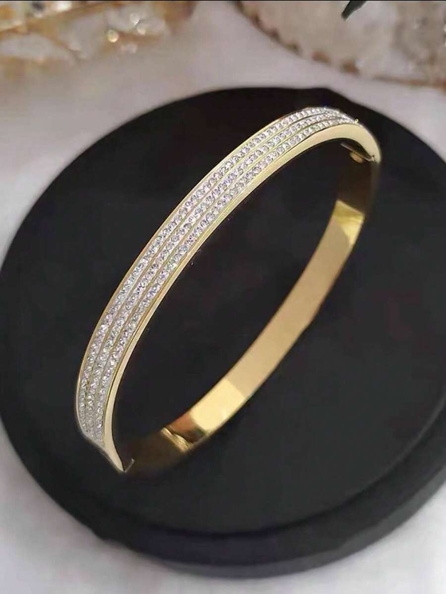 Stainless Steel Half-Circle 3-Row Rhinestone Open Bangle Bracelet, One ...