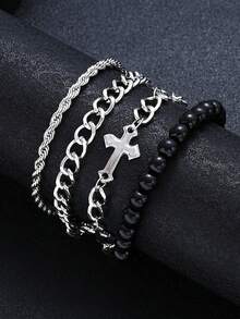 4 Pcs Fashion Simple Basic Stainless Steel Twisted Hollow Cross Beaded Bracelet Set Suitable For Men's Daily Wear, Gifts For Friends - Silver - View 2