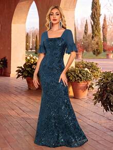 CEILIM Square Neck Chiffon Ruffle Short Sleeve Sequin Embroidered Mermaid Evening Gown, Front Square Neck Back Square Neck Open Back Slim Fit Bodycon Long Banquet Dress - Teal Blue - View 4