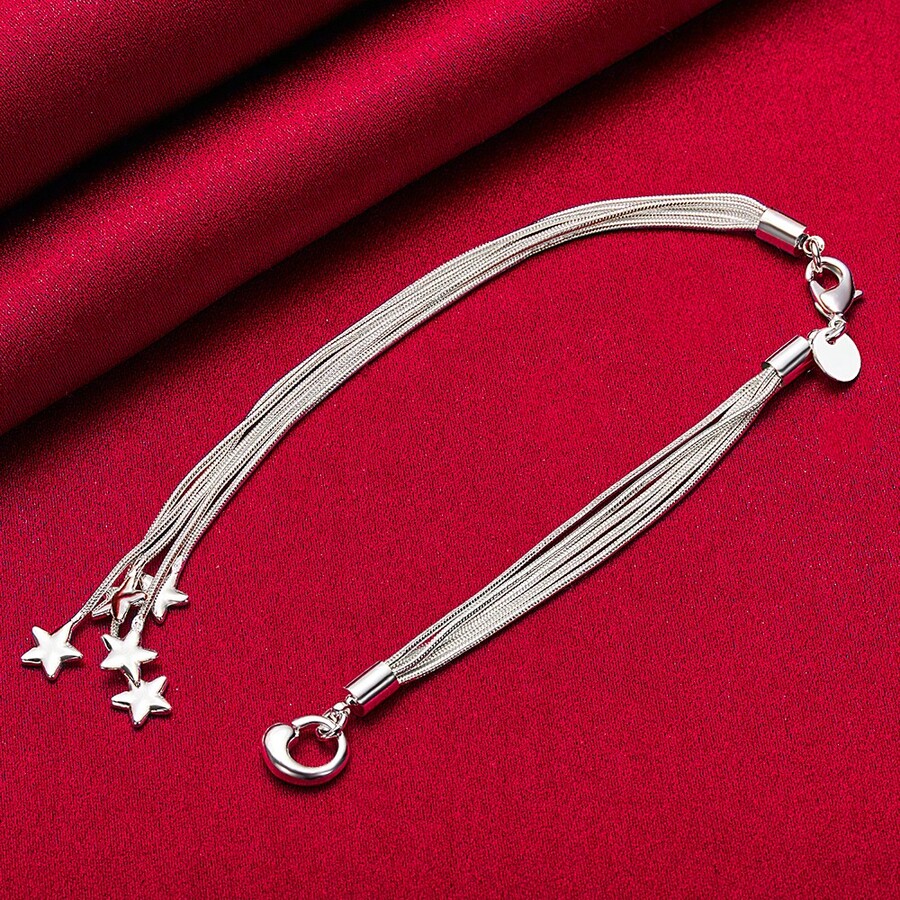 925 Sterling Silver Plated Five Snake Chain Starfish Bracelet Jewelry - Silver - View 1