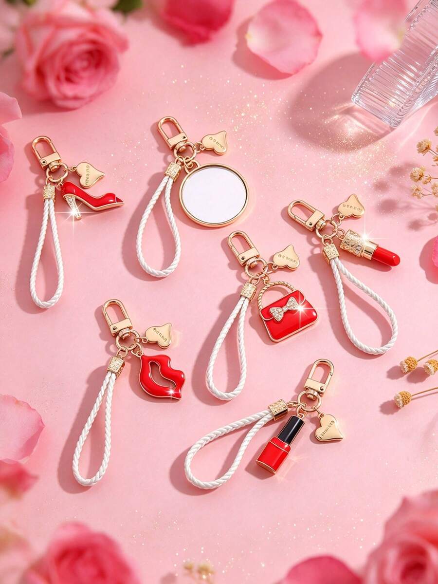 1pc Fashionable European & American Glamorous Creative High-End Red Element Lipstick, Lips, High Heels, Perfume Bottle, Mirror-Shaped Keychain Bag Charm, Suitable For Women's Car Key, Bag Decoration And Holiday Gift - Gold - View 1