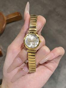 1pc Women's Quartz Wristwatch, Retro Casual Business Minimalist Style, Elastic Strap Butterfly Head For Daily Wear, Holiday Gift Selection - Gold - View 2