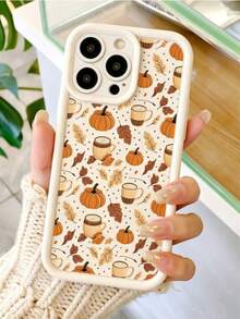 Autumn Halloween Pumpkin Maple Leaf Coffee Cup Pattern Phone Case, White Frame Large Window Lens Frame Shockproof Protective Phone Cover Compatible With Apple IPhone18 17 16 15 14 13 12 11 Pro Max - Multicolor - View 2