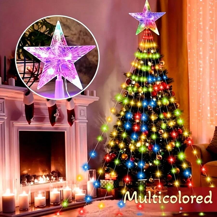 1pc USB Powered LED Christmas Tree Star Topper Waterfall String Lights, Multicolor 8 Modes Fairy Lights, Indoor Home Bedroom Fireplace Christmas Tree Decoration, Holiday Party New Year Decorative Lights
