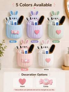New Rabbit-Shaped Makeup Brush Holder (With Heart/Candy Decoration) - Wall-Mounted Design, Suitable For Vanity And Bathroom; Can Store Makeup Brushes, Toothbrushes, Combs, Lipstick Tubes And Other Items, Multi-Functional. - Multicolor - View 8