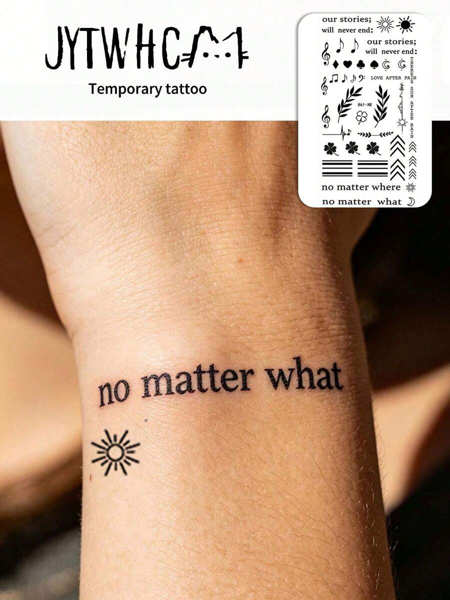 1pc Temporary Tattoos, Assorted Minimalist Designs Including Inspirational Quotes, Sun, Moon, Musical Notes And Geometric Symbols, Perfect For Wrist, Hand And Collarbone. - Black - View 1