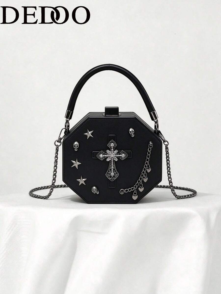 Women's Evening Crossbody Box Bag,Octagonal Shape,Solid Black, PU ...