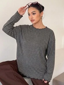 Plus Size Women Black Grey Striped Ruffle Trim Round Neck Long Sleeve T-Shirt, Fall Winter Casual Tee For Workwear, Back To School, Sports Streetwear - Grey - View 2
