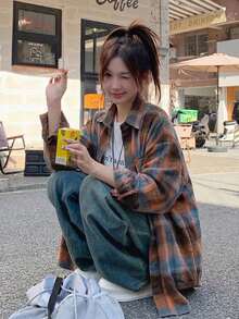 女款粉色格紋長袖襯衫，初秋外套，寬鬆上衣 - 摩卡棕 - 查看 1
