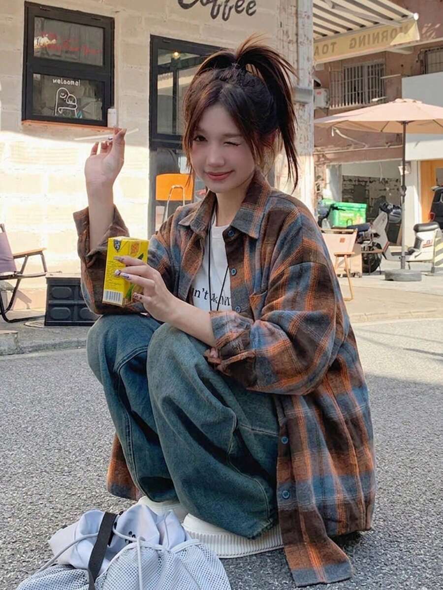 女款粉色格紋長袖襯衫,初秋外套,寬鬆上衣 - 摩卡棕 - 查看 1