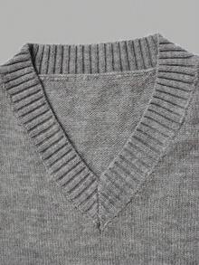 Women Summer Grey V Neck Knit Sweater, Fitted Lantern Long Sleeve Ribbed Cuff Pullover Fall Daily Outfit - Grey - View 9