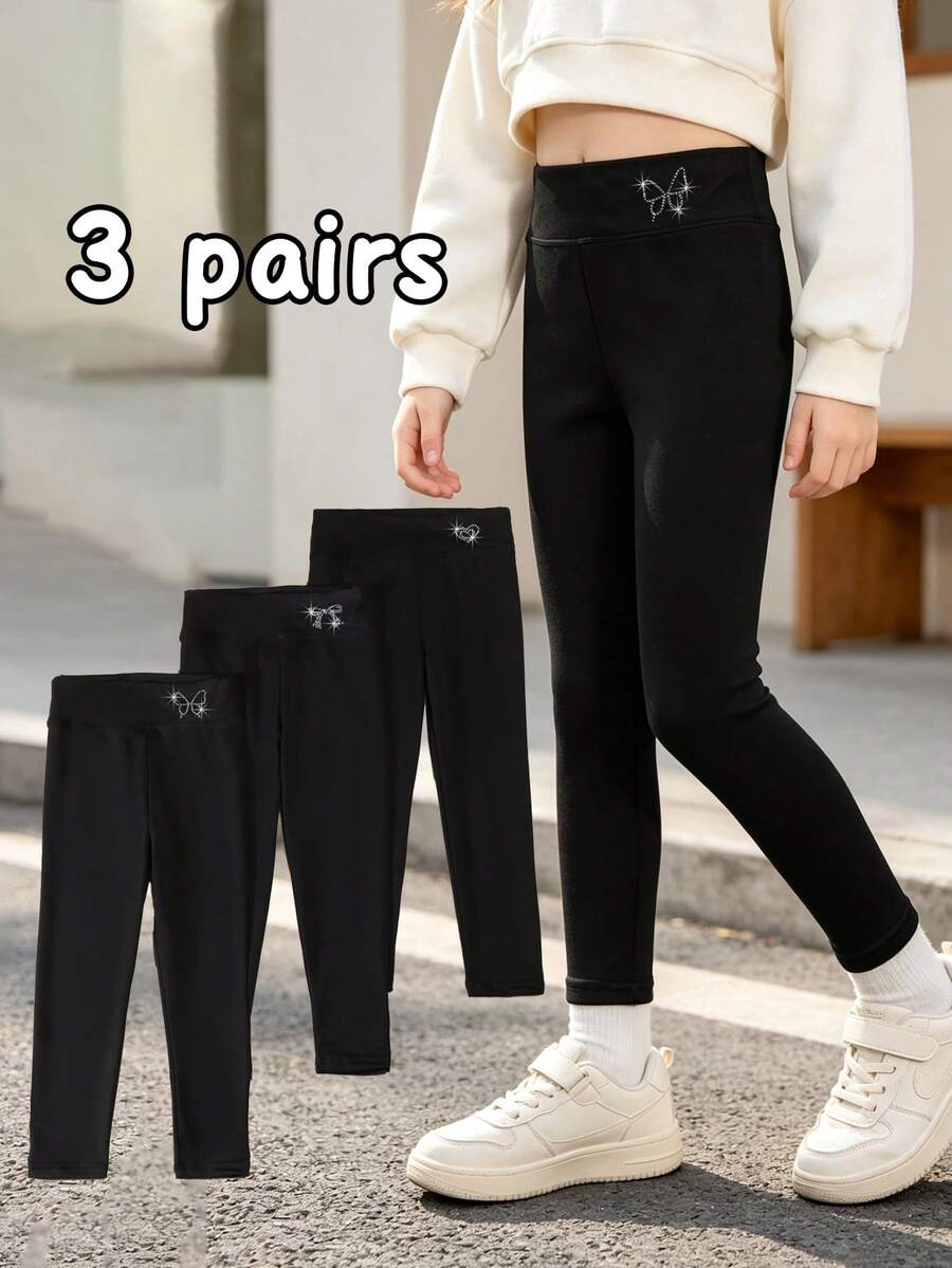 3 cái/gói quần tất trẻ em mỏng 5 inch màu trơn cho mùa xuân/thu, đa năng để mặc phối lớp hoặc mặc riêng - màu đen - Xem 1