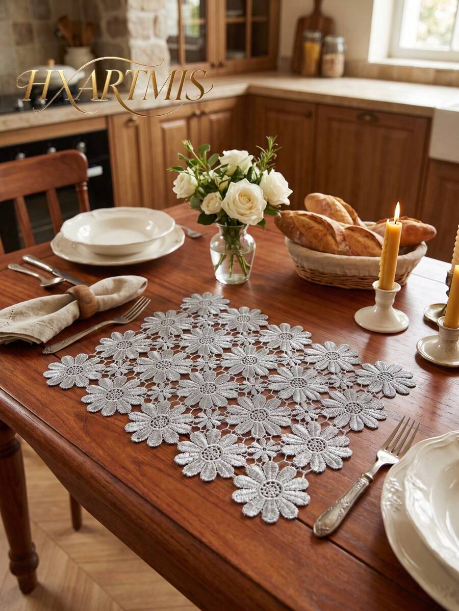 HXARTMIS 1pc Embroidered Hollow Daisy Floral Lace Table Runner, Vintage ...