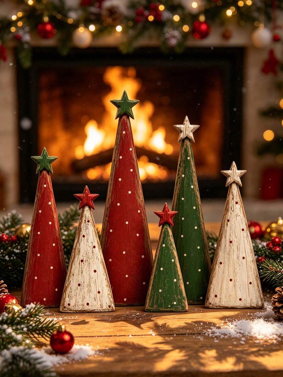 1/3/6pcs Rustic Wooden Christmas Tree Desktop Decor, Vintage Style Christmas Tree Ornament, Suitable For Fireplace Mantel, Tabletop, Shelf And Holiday Party Decoration, Also An Ideal Christmas Gift For Family And Friends - Christmas Ornament - View 1