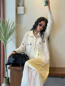 Floral Embroidered Peter Pan Collar Cardigan, Button Front Knit Sweater, Long Sleeves, Beige Fall Cardigan, Vintage Elegant Casual Layering Top - Apricot - View 4