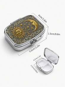 1/2/3pcs Elegant Square Metal Pill Box With Embossed Sun And Moon Pattern, Portable Dual Compartment Storage Box For Organizing Medication, Vitamins And Accessories, Pocket Size, Durable And Portable - Multicolor - View 9