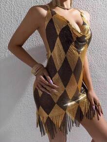 Vestido sexy con espalda descubierta y detalles de metal combinado, estilo de verano para mujer - Dorado - Ver 5