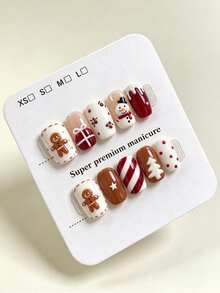 10pcs Pure Handmade Short Square Multicolor Press On Nails, Christmas Cute Style, Gingerbread Man & Snowman & Candy Cane Patterns For Women And Girl,Spring Summer Fall Winter Festivals Party And Daily Life Use - Multicolor - View 2