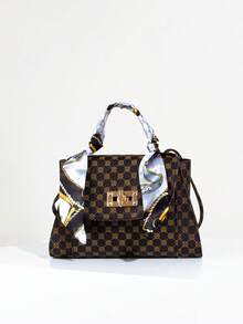 1pc Girls Luxury Silk Scarf Wrapped Handbag, Classic Monogram & Solid Color 2 Styles Available, Metal Lock Commuter Crossbody Small Bag - Multicolor - View 5