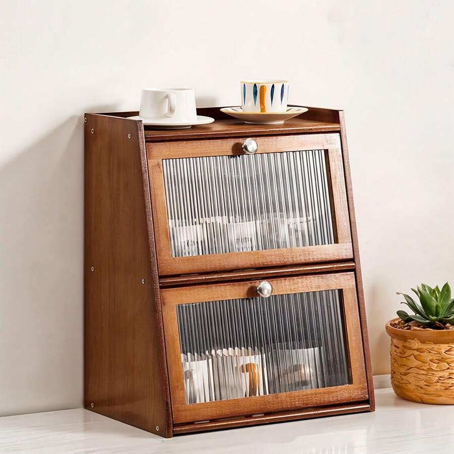 LIVINGANDHOME 1/2 Tiers Bamboo Bread Storage Cabinet,Bread Storage Box,Bread Storage Container For Kitchen Countertop - Brown - View 1