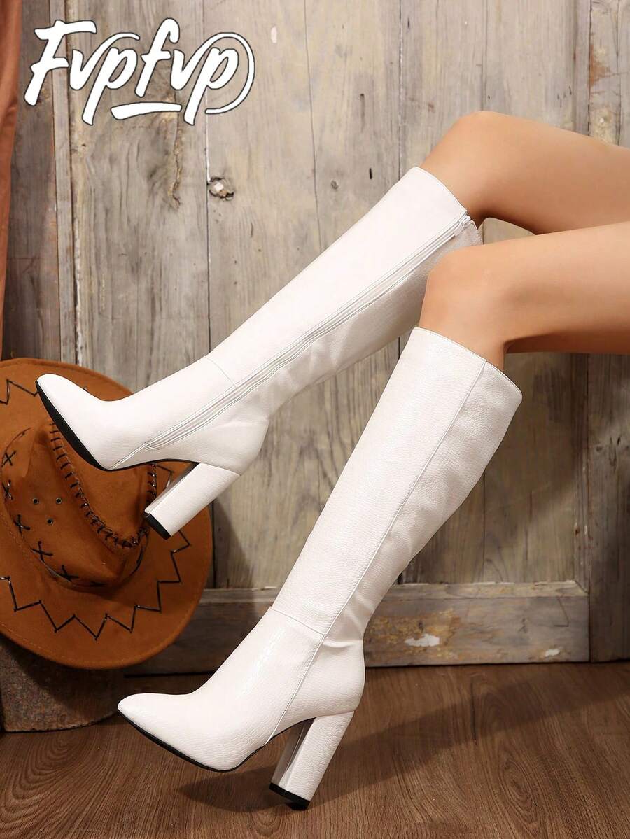 FVPFVP Fall/Winter 2025 Ken Doll Style Slim Fit Pointed Toe Knee High Boots, Chunky Heel, Elastic Shaft For Women,White Boots - White - View 1
