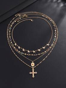 4pcs Vintage Glamorous Multi-Color Rhinestone Star Chain Necklace, Personalized Hip-Hop Cross Pendant Necklace, Daily Party Accessory, Unisex - 4pcs - View 4