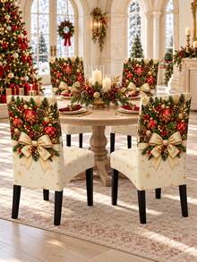 Christmas Chair Cover, Gold Bow And Christmas Ball Print Chair Back Cover, Luxury Holiday Dining Room Home Decor Chair Protector - Multicolor - View 13