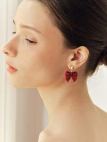 Sorayune 1 Pair Red Plush Bow Metal Cute Sweet Retro Fashion Elegant Earrings - Red - View 4
