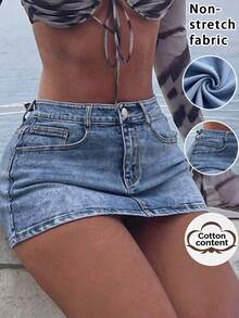 Women's Fashionable Straight Bodycon Denim Mini Skirt Casual Summer - Light Wash - View 2