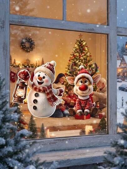 1PC Christmas Snowman Or Cute Reindeer PVC Window Stickers Static Cling No Glue Removable Reusable Glass Decals For Living Room Bedroom Kitchen Windows Christmas Decor Home Christmas Decrations Christmas Vintage Christmas