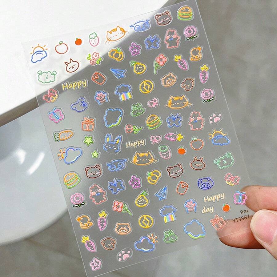 1pc/Cartoon Line Nail Art Sticker, Fresh Delicate Cute Colorful Asymmetrical Graffiti Thin Flexible Adhesive Backing - Multicolor - View 1