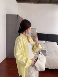 Vellofy Women's Autumn/Winter Yellow Striped Collared Button-Up Cardigan Long Sleeve Loose Shirt With Pockets, Suitable For Home Leisure, Daily Dating, Gatherings - Yellow - View 10