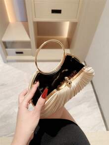 1pc Women's Elegant Pleated Box Design Party Clutch Bag, Luxury Rhinestone Handbag, Charming Formal Evening Bag, Bridal Wedding Accessory, Gift For Her - Apricot - View 5