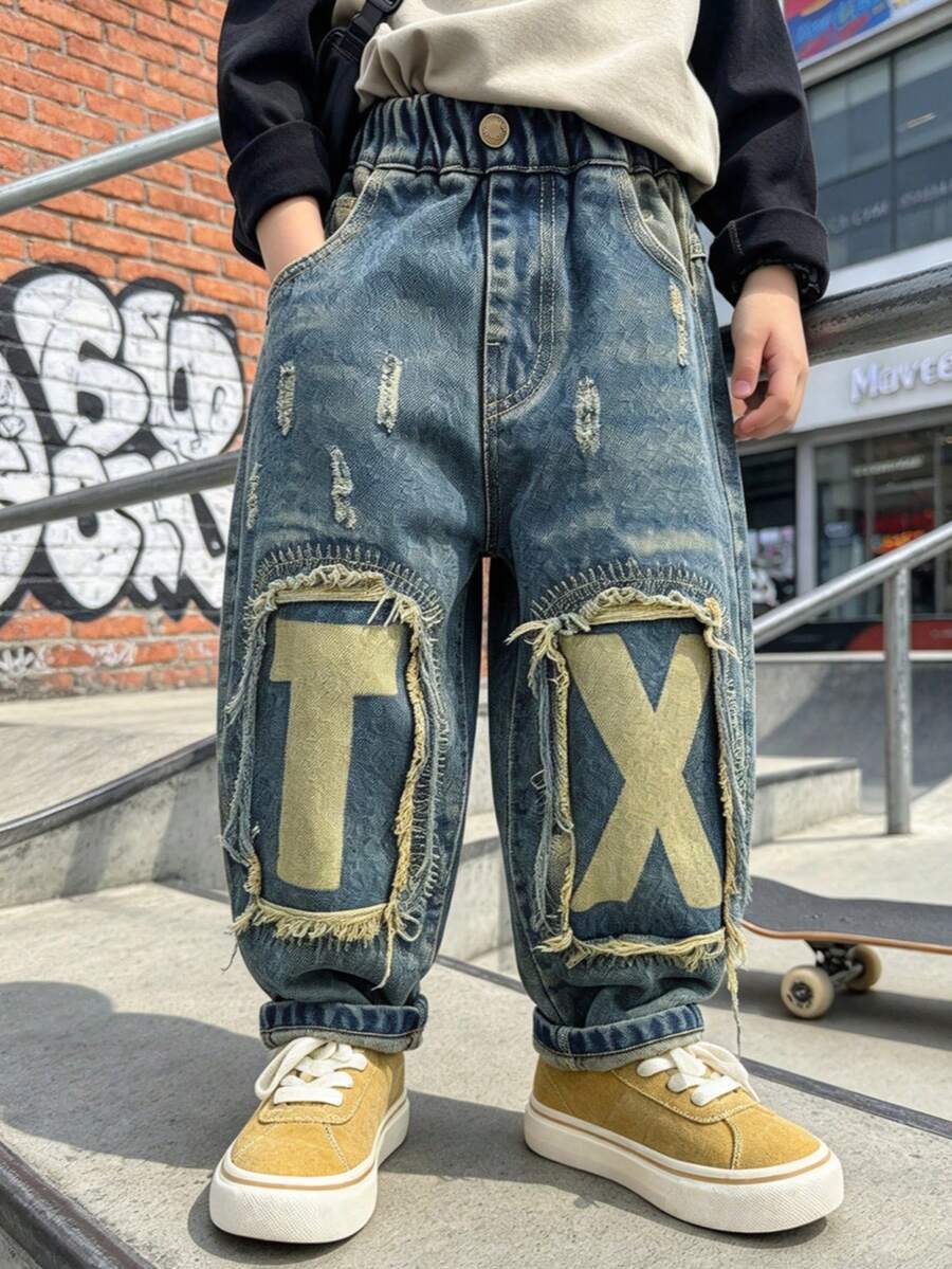 Boys' Kids' Toddler Spring Autumn All-Season Fashion Loose Fit Distressed Patchwork Letter Print Scratch Detail Street Style Denim Jeans Long Pants For Casual Daily Outdoor Wear - Blue - View 1