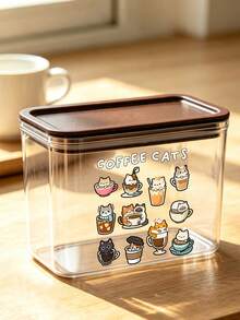 Cute Cup Cat & "Coffee Cat" Letter Pattern Coffee Storage Box, Sealed Plastic Food Container, Large Capacity, Dustproof & Moisture-Proof, Kitchen Countertop Coffee Station Organizer, Decoration, Kitchen Countertop Storage, Coffee Lover Gift - Multicolor - View 2