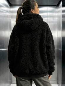 Women's Casual Fleece Plush Zip-Up Sweatshirt, Loose Oversized Long Sleeve, Suitable For Daily Wear, Autumn/Winter Outfits - Black - View 5