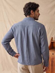 glestore Men's Vintage American "Old Money Style" 100% Pure Cotton Short Sleeve Shirt, Fashionable And Versatile, Suitable For Commuting, Casual And Vacation - Dusty Blue - View 2