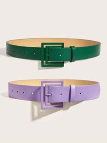 2pcs Women's Hollow Spray Paint Square Buckle PU Pants Dress Fashion Belt Suitable For Daily Use - Multicolor - View 2