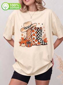 T-Shirt Featuring Cowboy Boots And Plaid, Autumn Pumpkin Motifs, Leopard-Print "Hello" Lettering, Polka Dots, And Western-Style Patterns. - Apricot - View 5